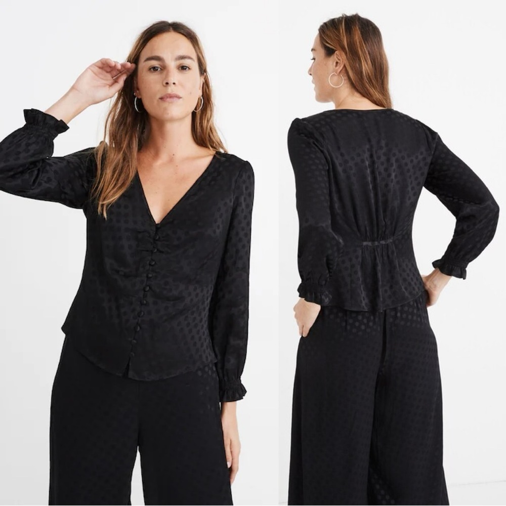 Madewell Women’s Smocked-Sleeve Daylight Top Blouse in Woven Dot in Black 4